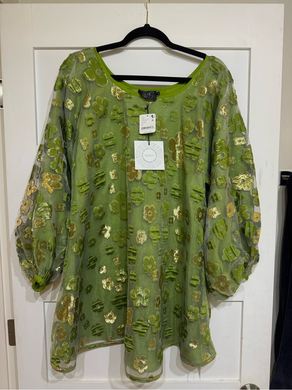 Arianne Olive Green Sheer Tunic with Gold Floral Accents - Picture 3 of 3